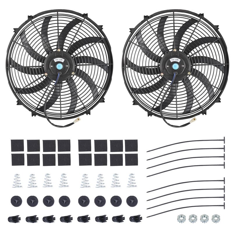GESEXI 16" Slim Fan Push Pull Electric Radiator Cooling Fan Universal High Performance 12V 120W Motor with Fan Mounting Kit-Black (2 Pack) - Image 1